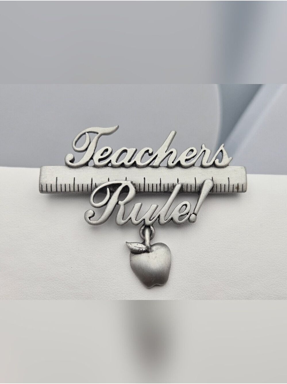 Vintage JJ Jonette “Teachers Rule!” Brooch Apple Dangle Pewter Teacher Pin
